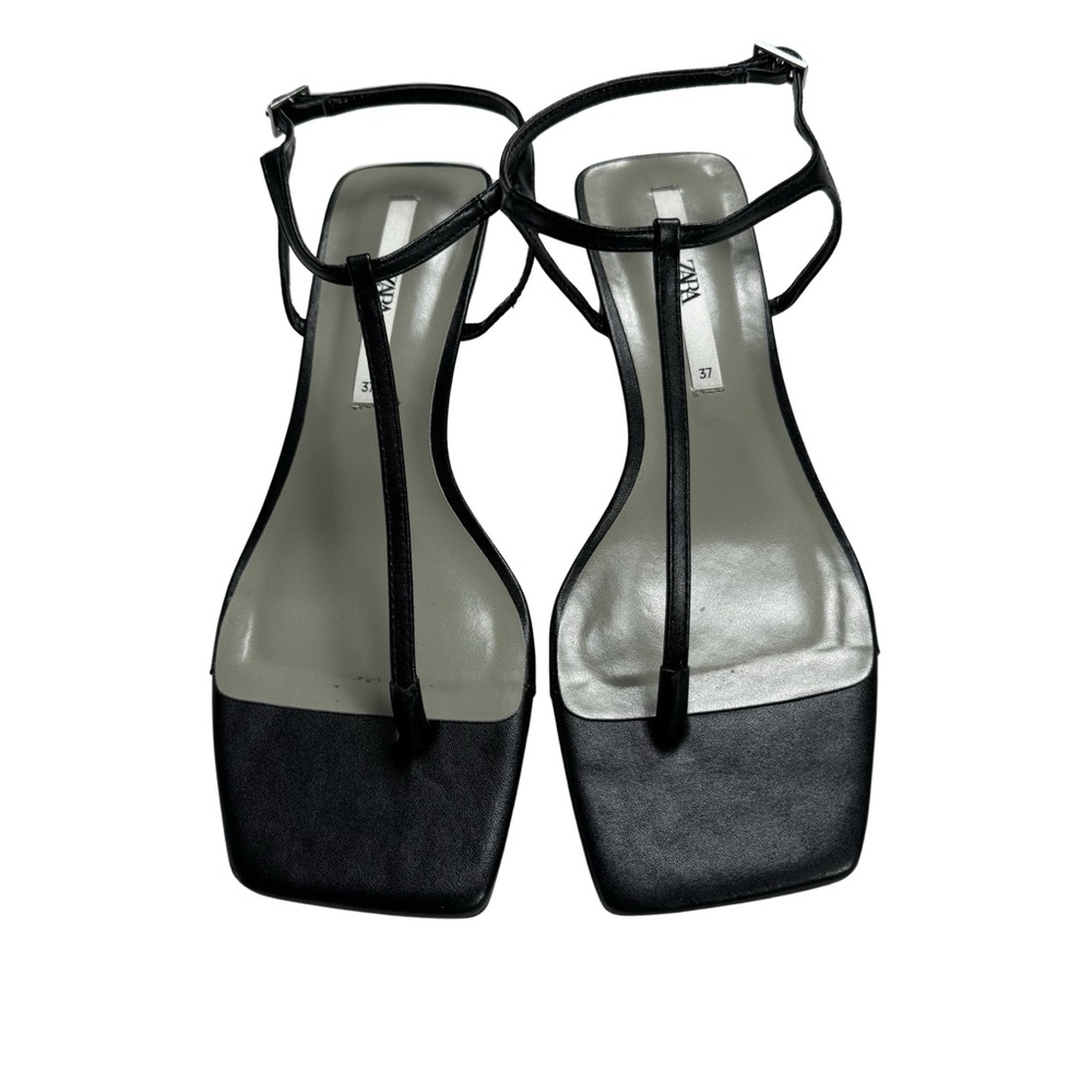 Zara Square Toe Strappy Kitten Heel Sandals size 37 black slingback strap